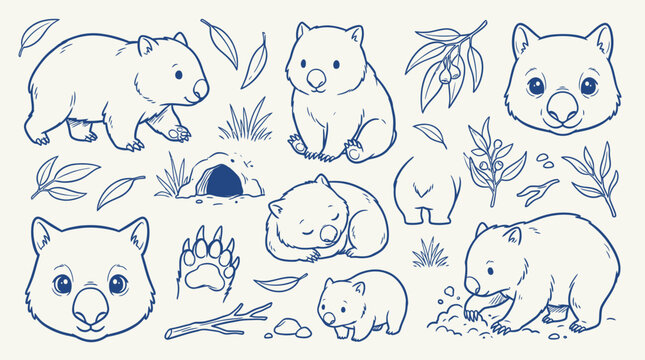 Collection of cute wombat illustrations in various poses and activities, including sleeping, digging, and with their burrow.