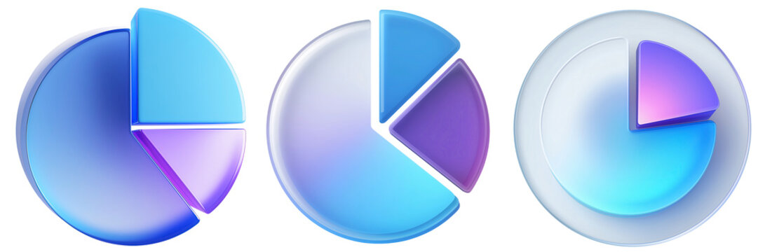 3d Glass Pie Charts with Blue and Purple Tones