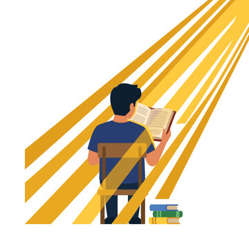 Young student reading a book sitting on a chair under bright sun rays