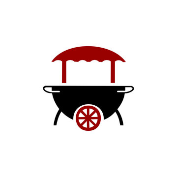 A flat, minimalist vector logo featuring a stylized food cart or street vendor stall in black and dark red, showcasing a large bowl-shaped cart body, a red spoked wheel, and a shaded red canopy on top