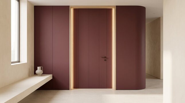 Contemporary residential interior with tall maroon cabinetry, integrated storage and a clean minimalist architectural layout