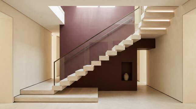 Modern residential staircase with floating steps, clean white walls and a dramatic maroon accent wall