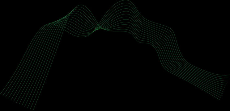 Abstract green wave lines on black background, digital sound frequency visualization, futuristic flowing light trails for technology design