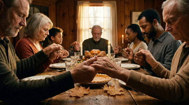 Thanksgiving multi?generational family holds hands for grateful prayer at candlelit dinner table before meal. Warm reverent gathering for greeting cards, faith and family brand marketing.