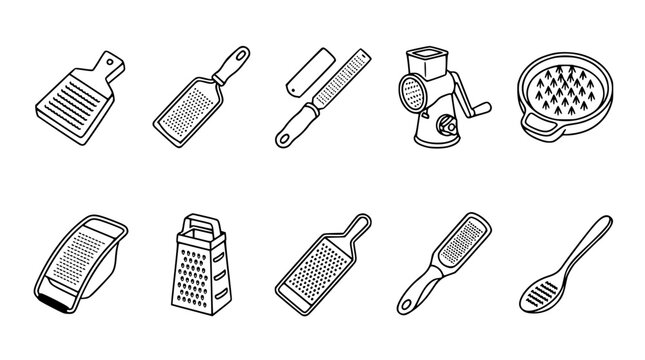 Black and White Line Art Illustration of Various Graters and Food Grating Tools