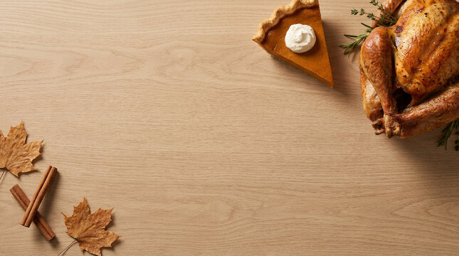 Pumpkin pie and roasted turkey with cinnamon on a light wood table, a cozy festive Thanksgiving flat lay with copy space for posters and greeting cards