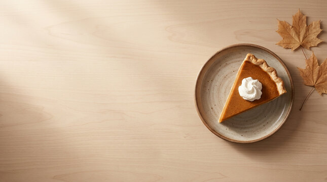 Pumpkin pie slice with maple leaves on a light wood table, a soft warm Thanksgiving scene with copy space for greeting cards and menu covers