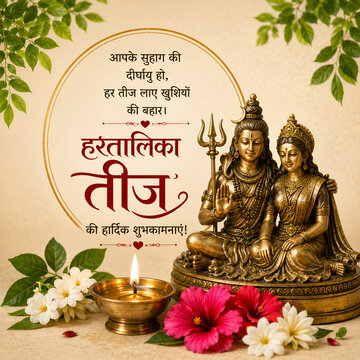 Hartalika Teej Festival Greeting with Lord Shiva and Goddess Parvati Statue, Diya and Flowers
