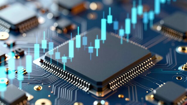Tech chip with glowing stock chart, symbolizing data-driven financial analysis and market trends.