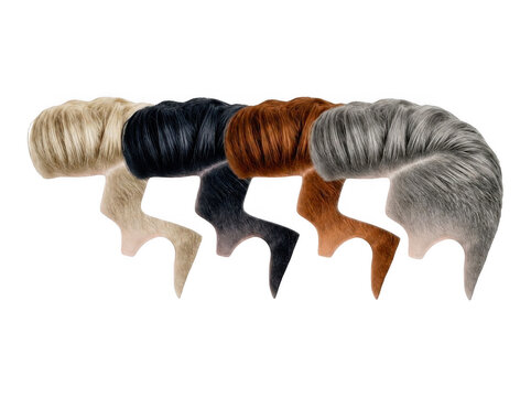 Set of four historic colonial barrister wigs in different hair colors isolated on white background with judge wig