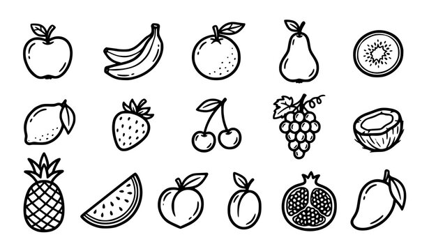 Hand drawn fruit doodle icon set with apple banana pineapple strawberry and tropical fruit vectors