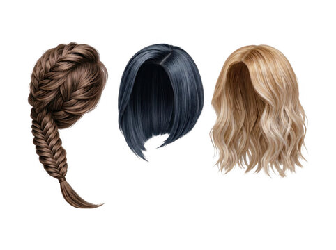 Set of three different hairstyles featuring a braided fishtail black bob wig blonde wavy hair fishtail braid