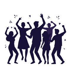 Fototapeta premium Group of happy young people dancing together in dark silhouette on white