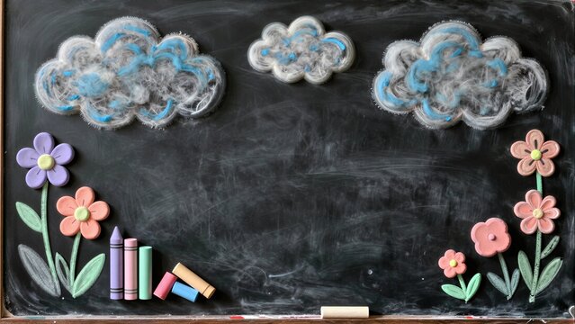 Chalkboard with colorful chalk flowers, clouds, and scattered crayons.
