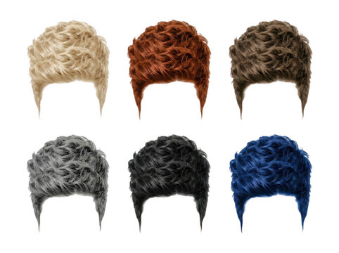 Collection of six short curly wigs in various hair colors isolated on white background with curly wig