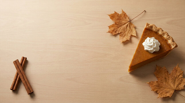 Pumpkin pie slice with maple leaves and cinnamon sticks on a light wood table, a soft muted Thanksgiving scene with copy space for greeting cards and menu covers
