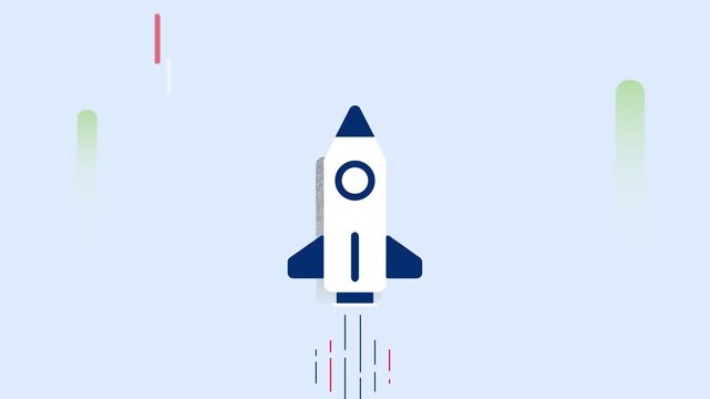 Minimalist rocket ship launching into outer space represents rapid business startup growth with dynamic digital motion graphic animation for project development