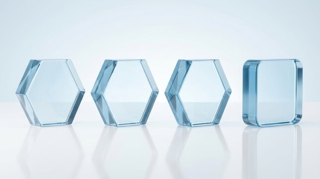 Abstract 3D Render of Blue Glass Hexagonal and Rectangular Geometric Shapes on Reflective Surface for Technology and Design