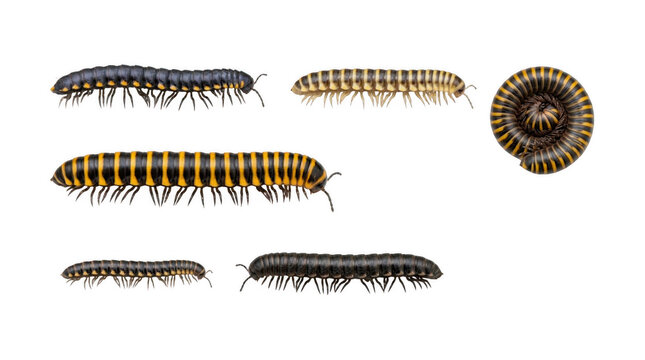 Collage of various millipedes isolated on white background showing different species and color patterns