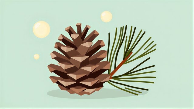 Brown pinecone with green needles and soft yellow circles on mint background.