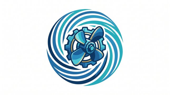 Cartoon ship propeller and gear icon with blue swirling water waves. White background. Single icon.