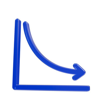 Blue 3d glossy decline graph chart symbol with downward arrow on black background isolated on a transparent background