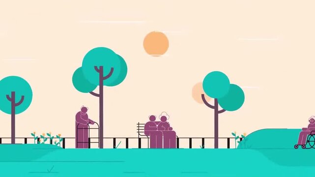 Elderly individuals relaxing in a sunny public park setting featuring animated motion graphic style elements for a health care video
