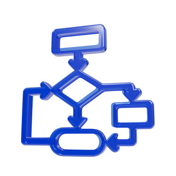 Glossy blue flowchart diagram with decision boxes and directional arrows isolated on black background isolated on a transparent background