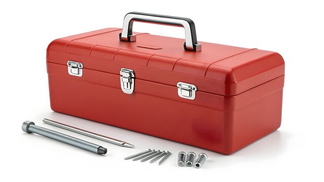 Toolbox in bright red metal rests securely closed beside steel bolts and screws on a clean studio table.