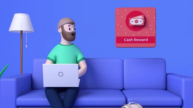 Animated 3d man sitting on blue sofa working with his laptop earning rewards in this creative digital motion video clip