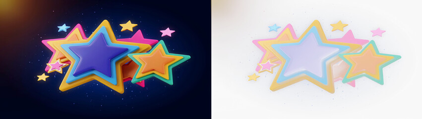 Obraz premium 3d render of colorful glossy stars with a soft glow effect on dark and light backgrounds isolated on transparent background