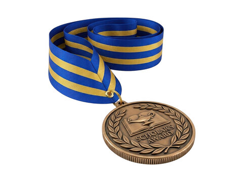 Bronze medal with blue and yellow striped ribbon on white background achievement recognition champion isolated
