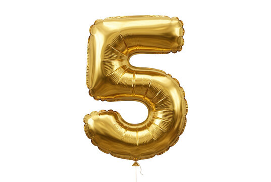 Ein einzelner, goldener Folienballon in Form der Zahl f&uuml;nf, isoliert auf einem rein wei&szlig;en Hintergrund, perfekt geeignet f&uuml;r Geburtstagsfeiern, Jubil&auml;en oder festliche Dekorationen f&uuml;r besondere
