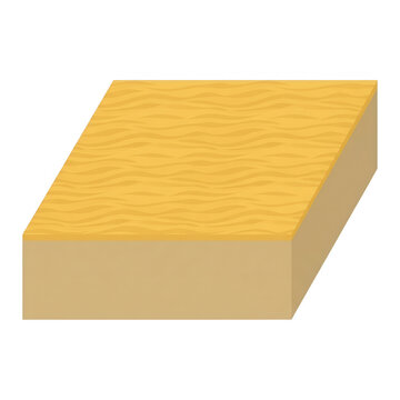 Ein isometrischer Block aus Sand mit einer gewellten Oberfl&auml;che, der eine W&uuml;stenlandschaft oder eine geologische Schicht in einer minimalistischen 3D-Grafik darstellt, isoliert auf wei&szlig;em Hintergrund.