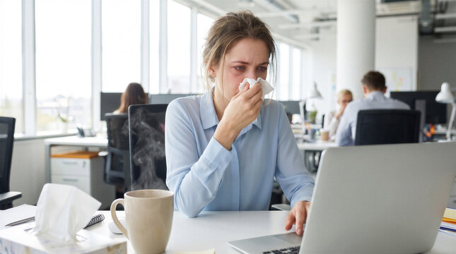 Sick office worker with cold symptoms holding a tissue while working on a laptop at her desk