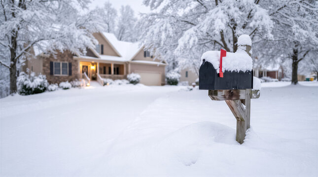 A residential house and mailbox covered in fresh snow during a winter season