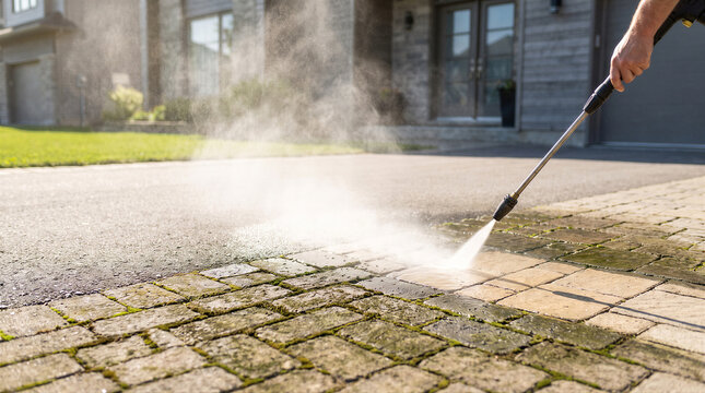 Closeup of a person using a highpressure water sprayer to clean dirty stone pavers on a driveway in front of a house