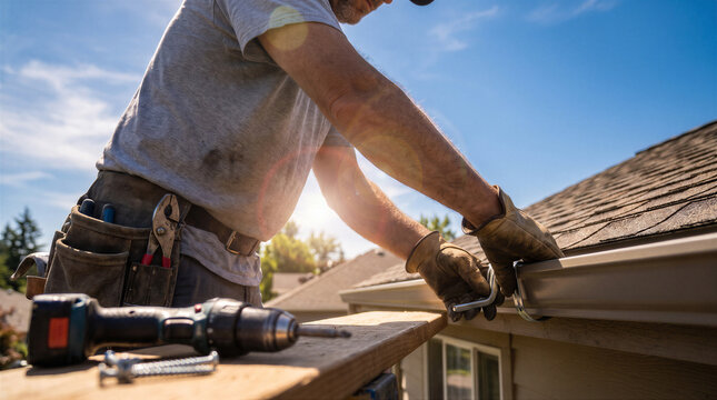 Professional roofer installing or repairing rain gutters on a residential house roof on a sunny day