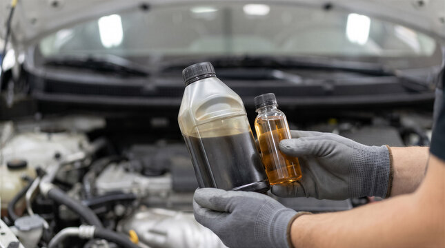 Mechanic holding a bottle of used dark engine oil and a bottle of new clean oil in a car repair shop