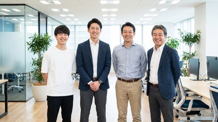 Obraz premium Four smiling male colleagues standing together in a bright modern office space for a portrait with professional office environment environment desks plants different ages stand diverse team