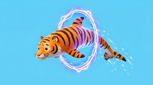Tiger dolphin hybrid jumping through a glowing magic portal
