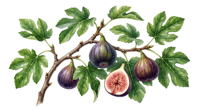 Vintage botanical illustration of a fig branch with ripe purple fruit. Hand drawn fig tree branch with green leaves. Antique style fruit art.