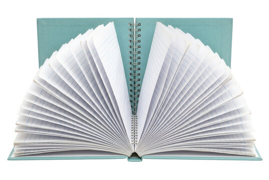 Ein offenes, hellblaues Notizbuch mit Spiralbindung und linierten Seiten, das flach auf einem wei&szlig;en Hintergrund liegt und viel Platz f&uuml;r Notizen, Skizzen oder kreative Ideen bietet.