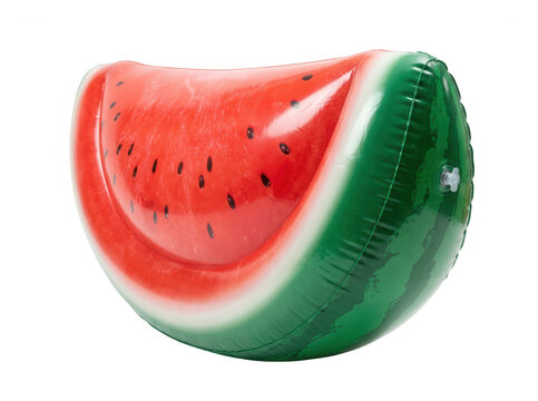Ein aufblasbares Wasserspielzeug in Form einer Wassermelone, isoliert auf wei&szlig;em Hintergrund, perfekt f&uuml;r Sommeraktivit&auml;ten am Pool oder Strand, leuchtende Farben und gl&auml;nzende Textur.