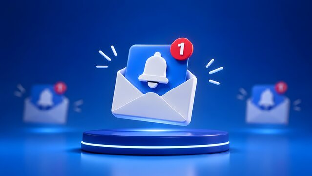 3D email notification concept with envelope and ringing bell icon hovering over blue podium representing new message alert and digital communication