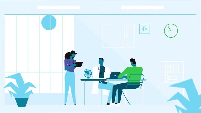 Medical professionals consulting with patient in modern clinic setting during this smooth animated flat design loop motion graphic video file