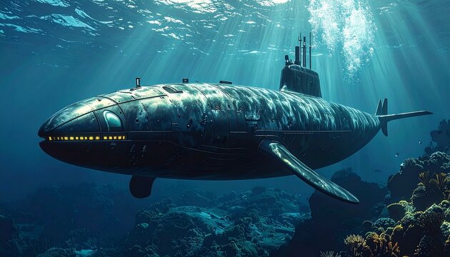 Underwater Submarine with Sunlight Beams.