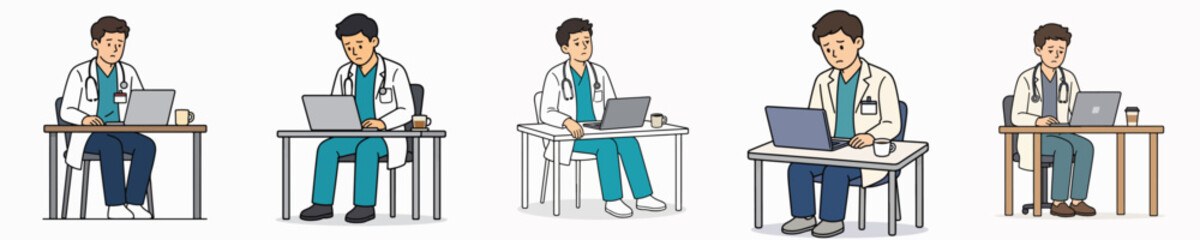 Fototapeta premium A set of vector illustrations of a male doctor looking bored, listless, and exhausted from work.