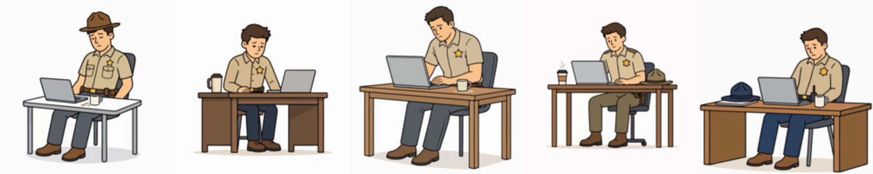A set of vector illustrations of a male sheriff looking bored, listless, and exhausted from work.