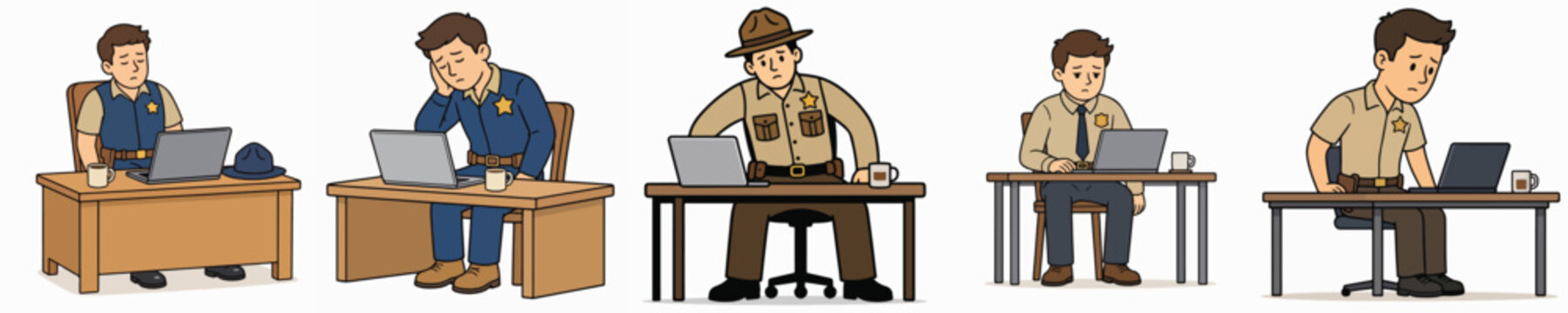 A set of vector illustrations of a male sheriff looking bored, listless, and exhausted from work.